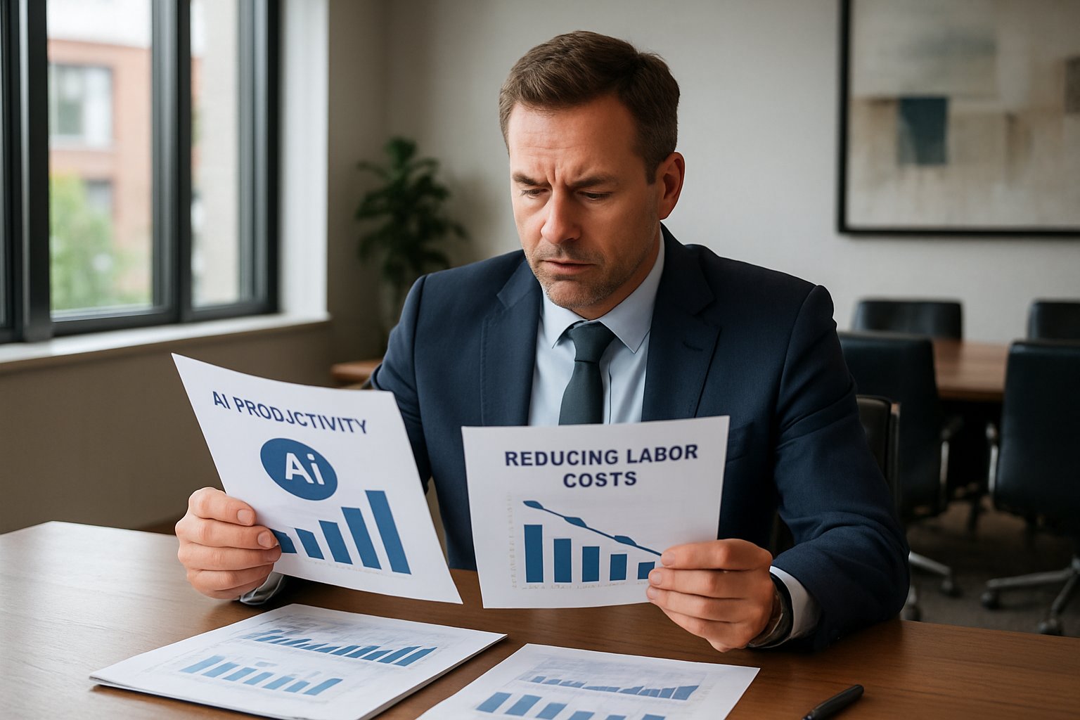 Executive reviews reports on AI Labor Efficiency improvements