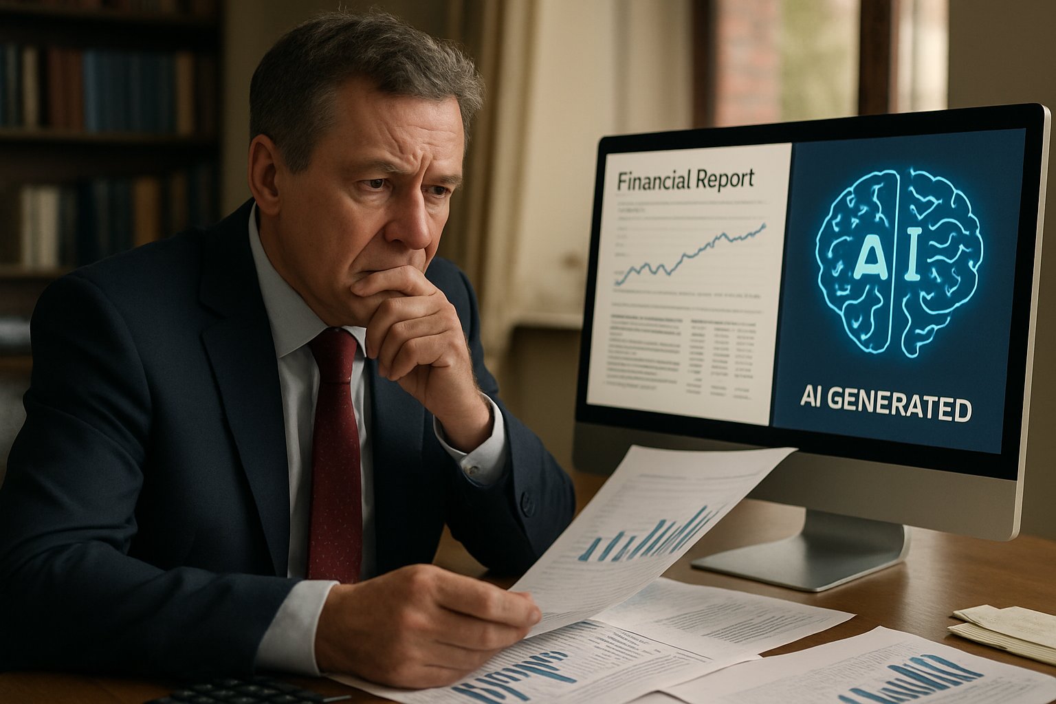 Finance executive scrutinizing AI results for Output Trust Barrier concerns.