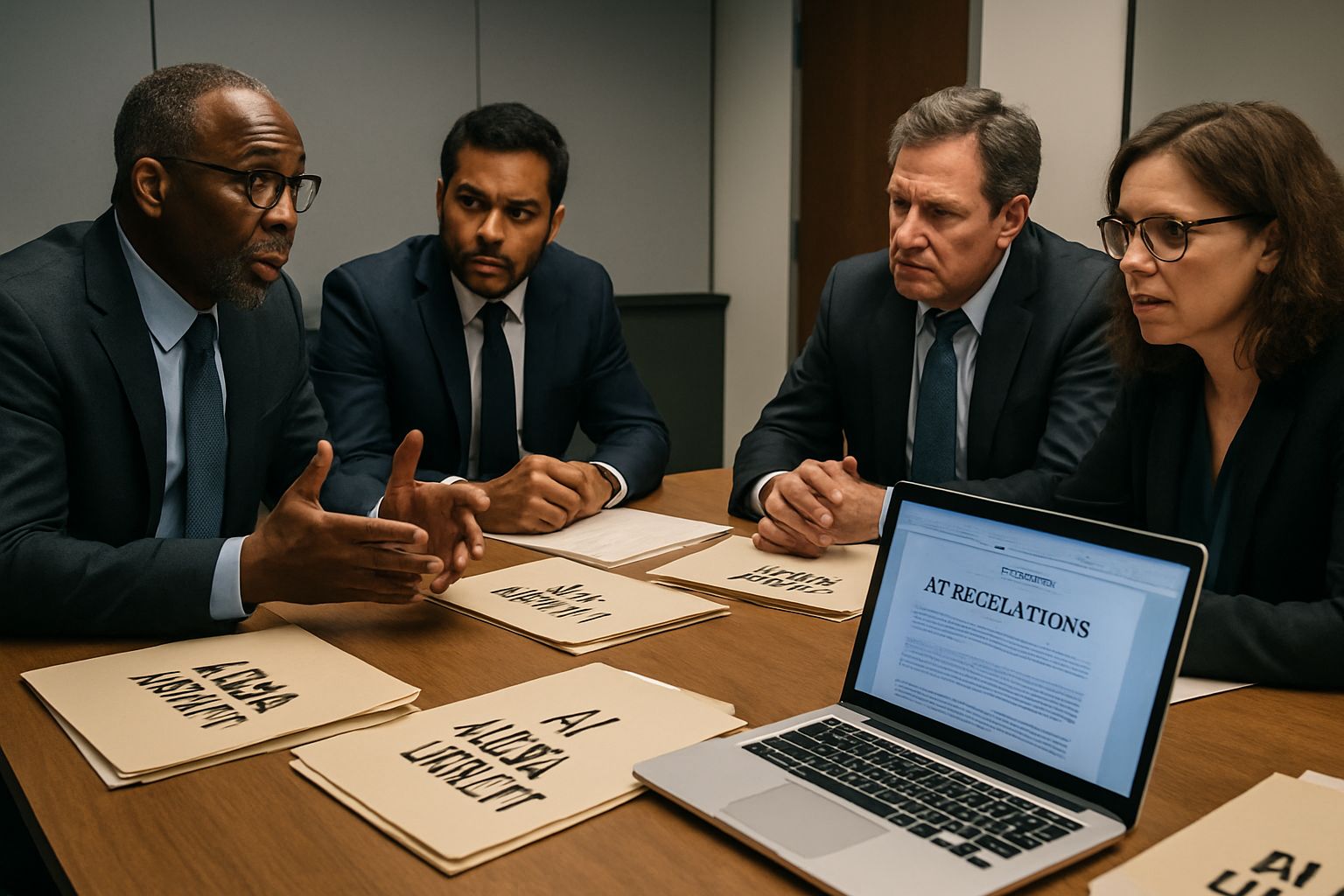Tech executives discussing AI Legal Liability implications during a boardroom meeting.