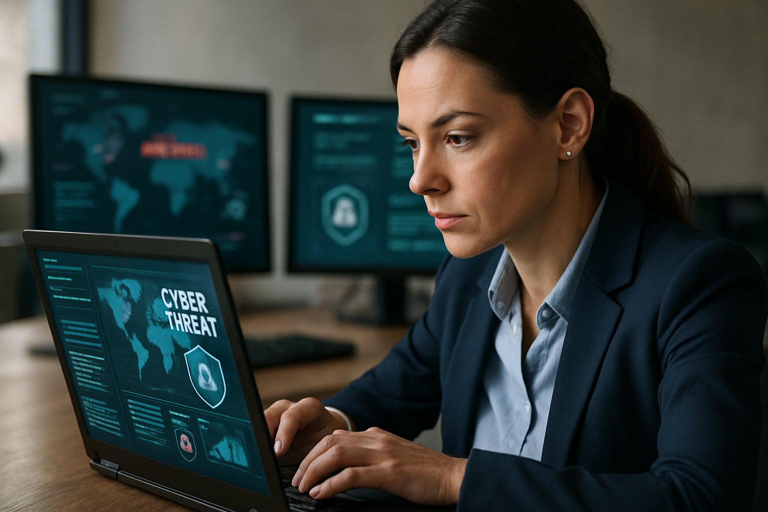 Professional reviewing AI Cyber Defense data on laptop in authentic workspace.