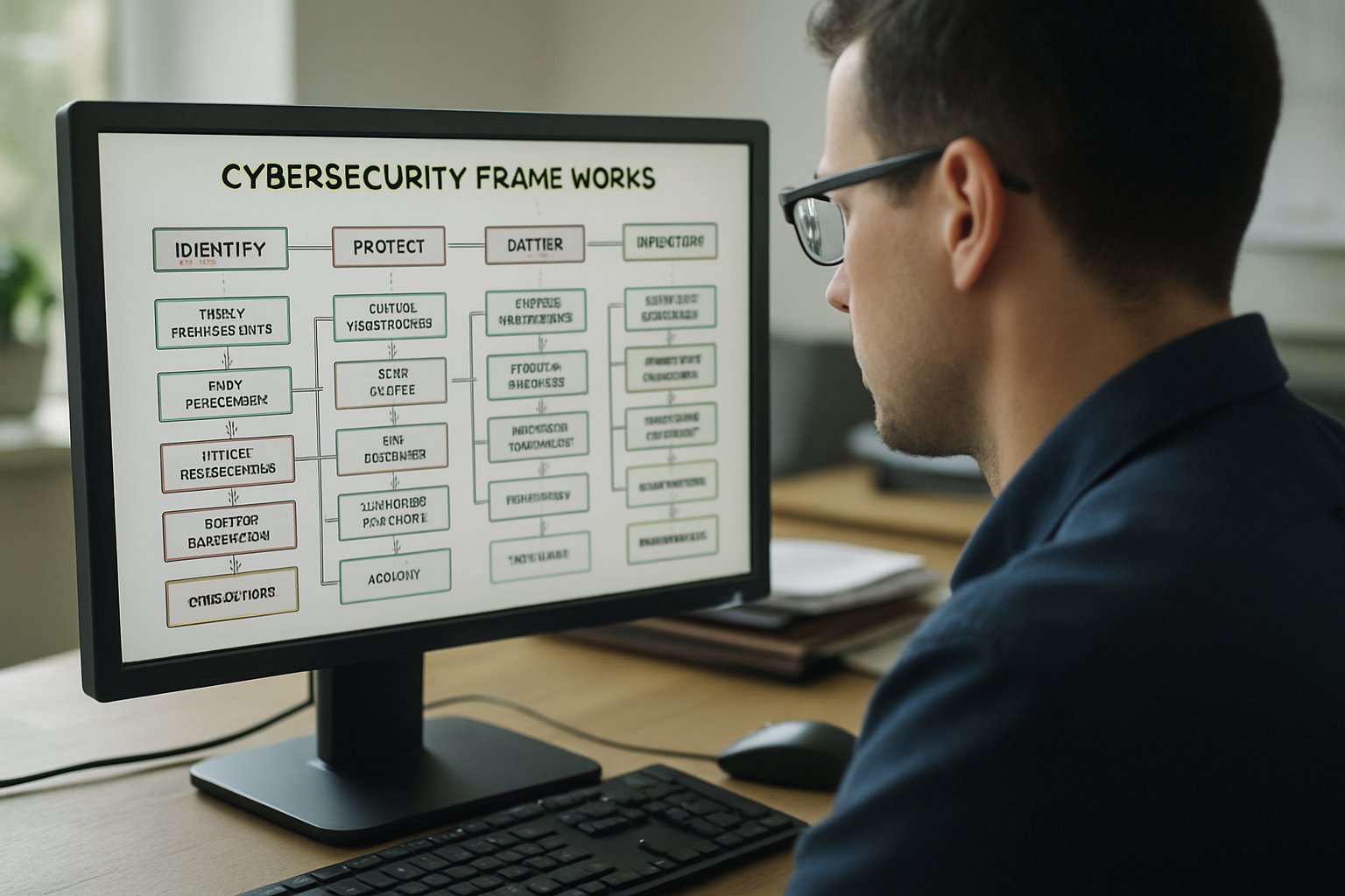 Expert analyzes Cybersecurity Frameworks on monitor at modern workspace.