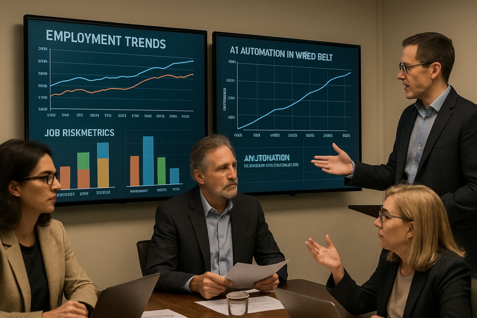 Labor Economics team reviews AI job risk data for wired belt sectors.