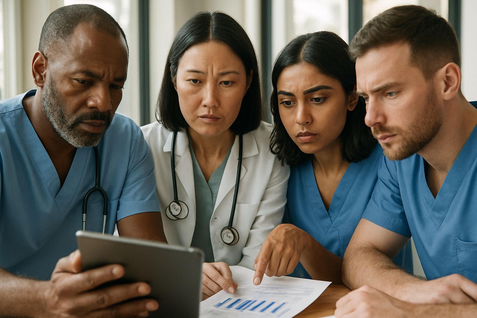 Healthcare professionals collaborating on mental health safety and AI practices.