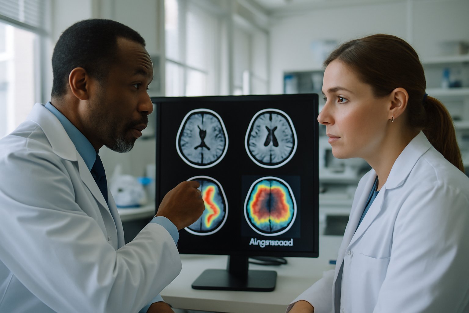Researchers discussing MRI results using interpretability AI tools in a clinical lab.