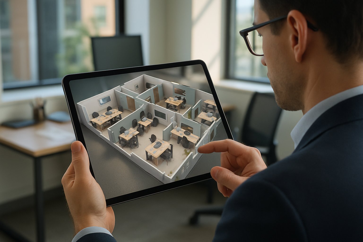 Professional exploring spatial computing 3D map in office.