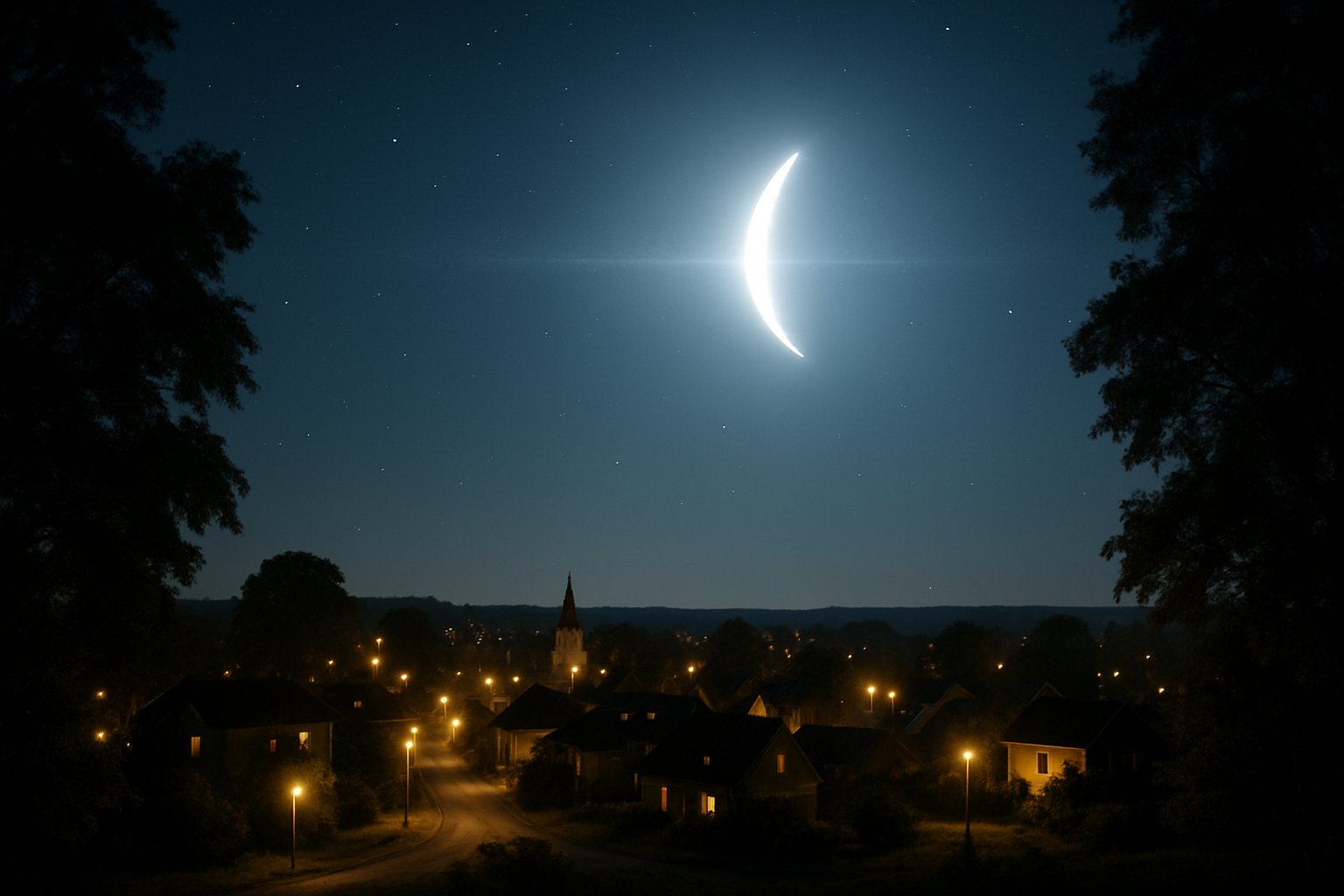 Climate Technology extending sunlight at night over a small town with orbital mirrors.