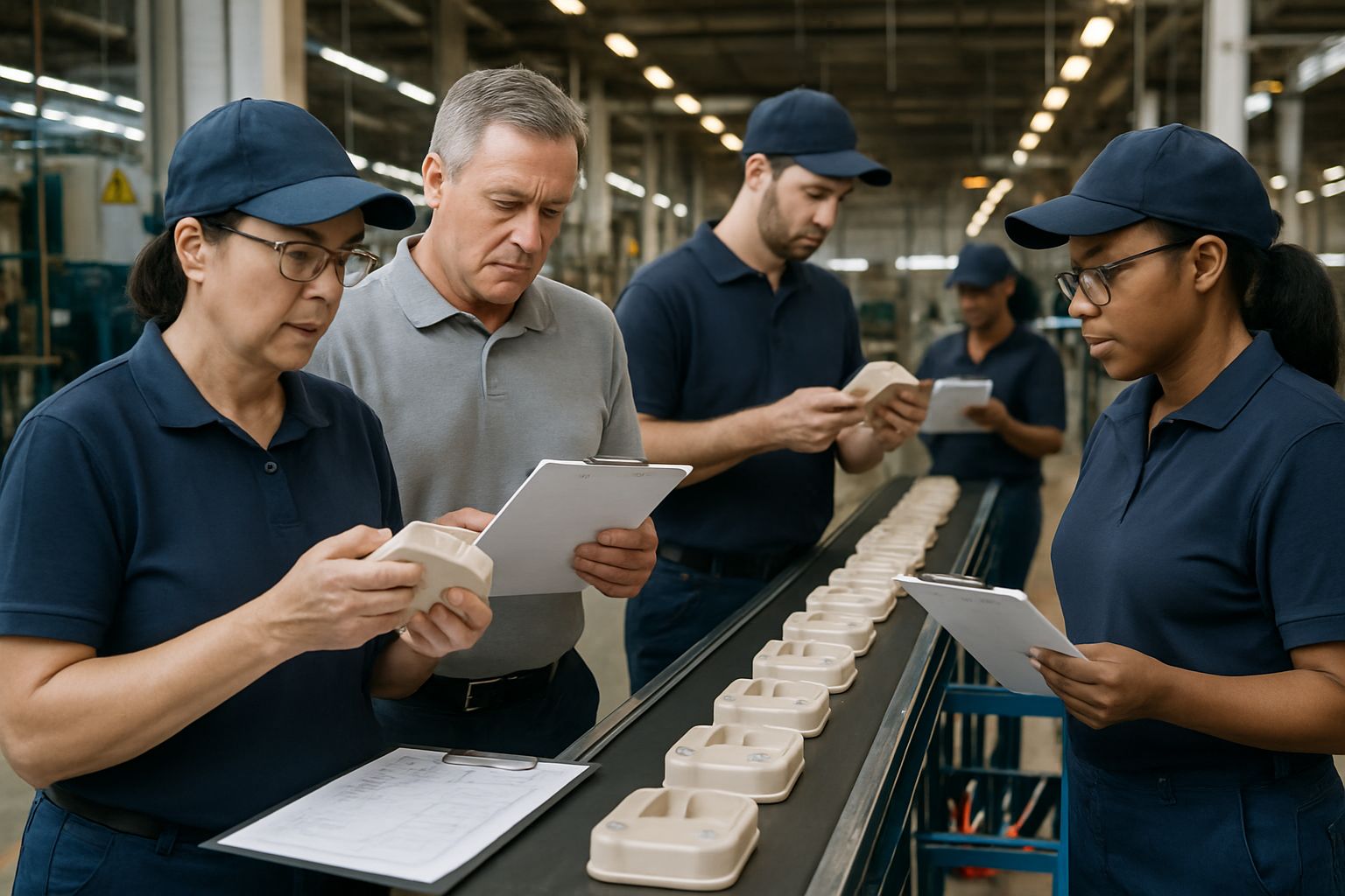 Factory team checking for hidden product flaws on production line.