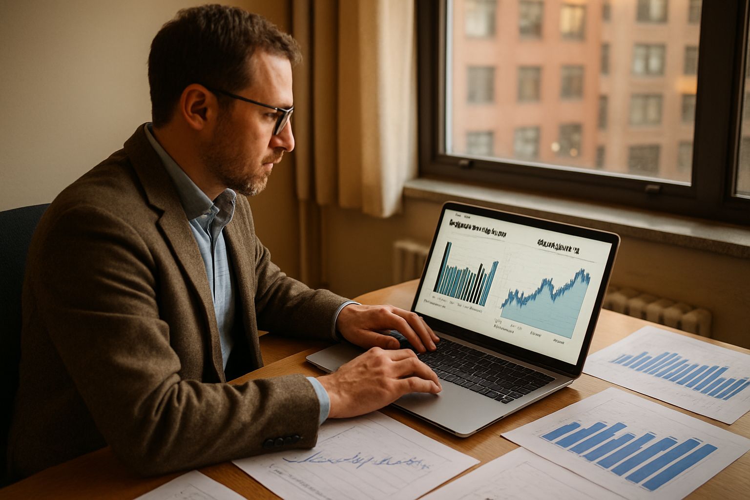 AI Venture Capital analyst assessing bridge loans and margin debt in an office.