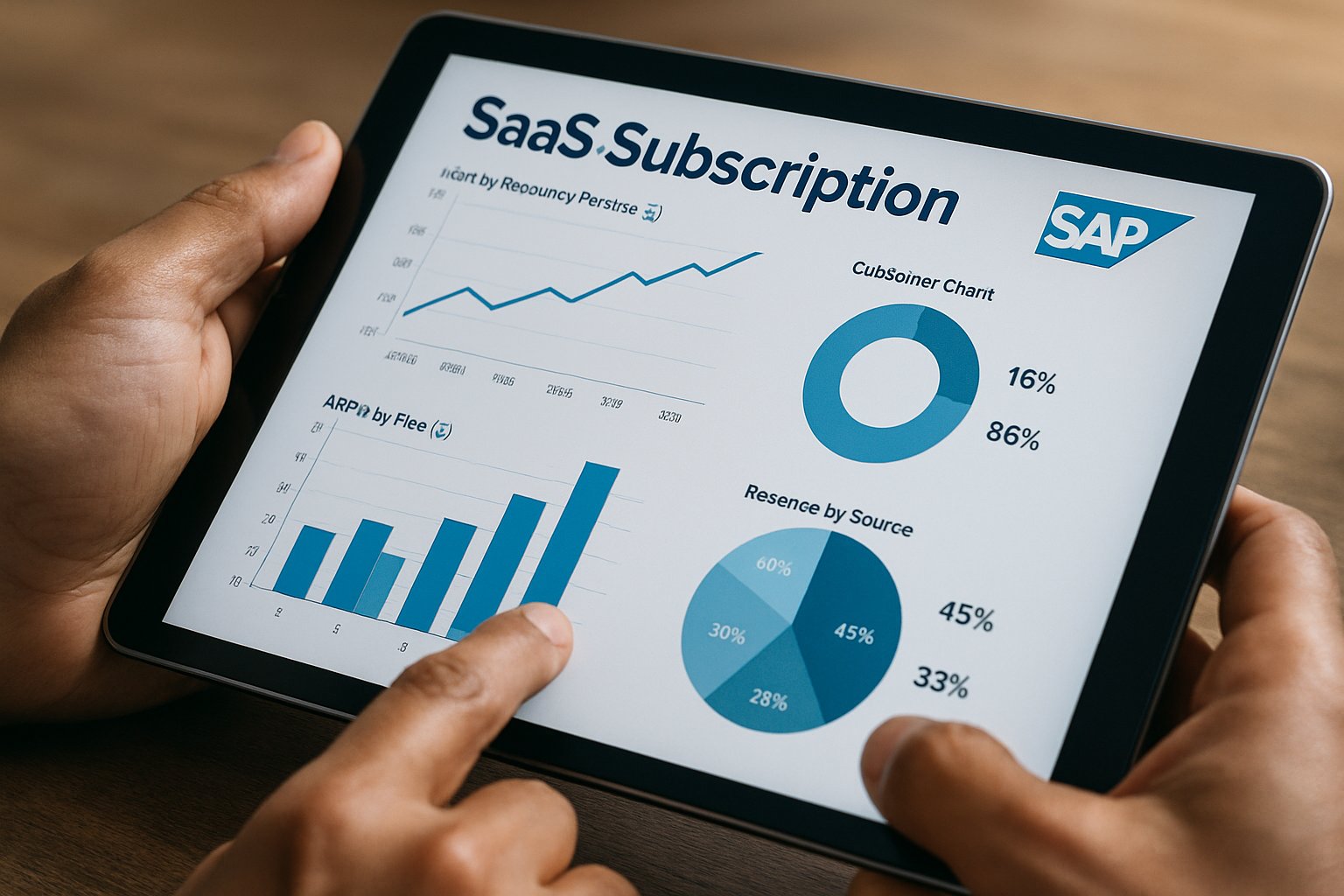 Tablet displaying SaaS Economics financial graphs with SAP insights.