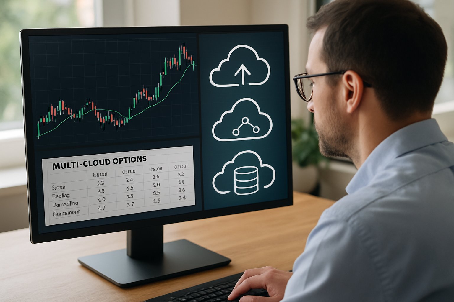 Financial analyst reviews Revenue Restructuring financial charts on screen.