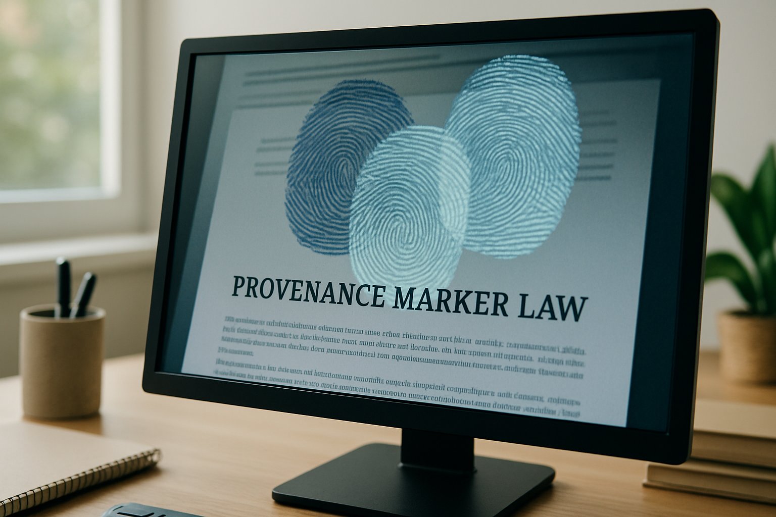 Digital fingerprint overlays on a Provenance Marker Law compliance document in an office.