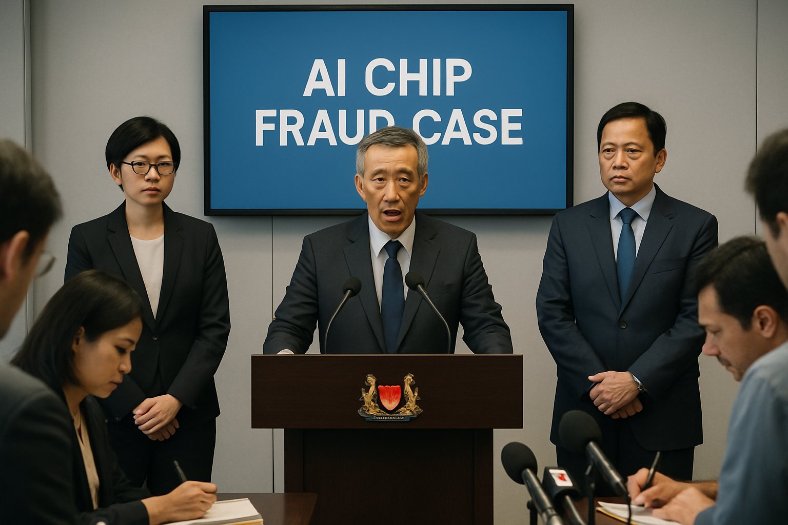 Singapore officials address journalists about AI Chip Fraud investigation.