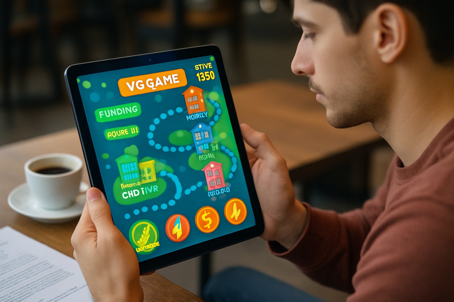 Venture Capital Gamification app in use on a tablet at a café.