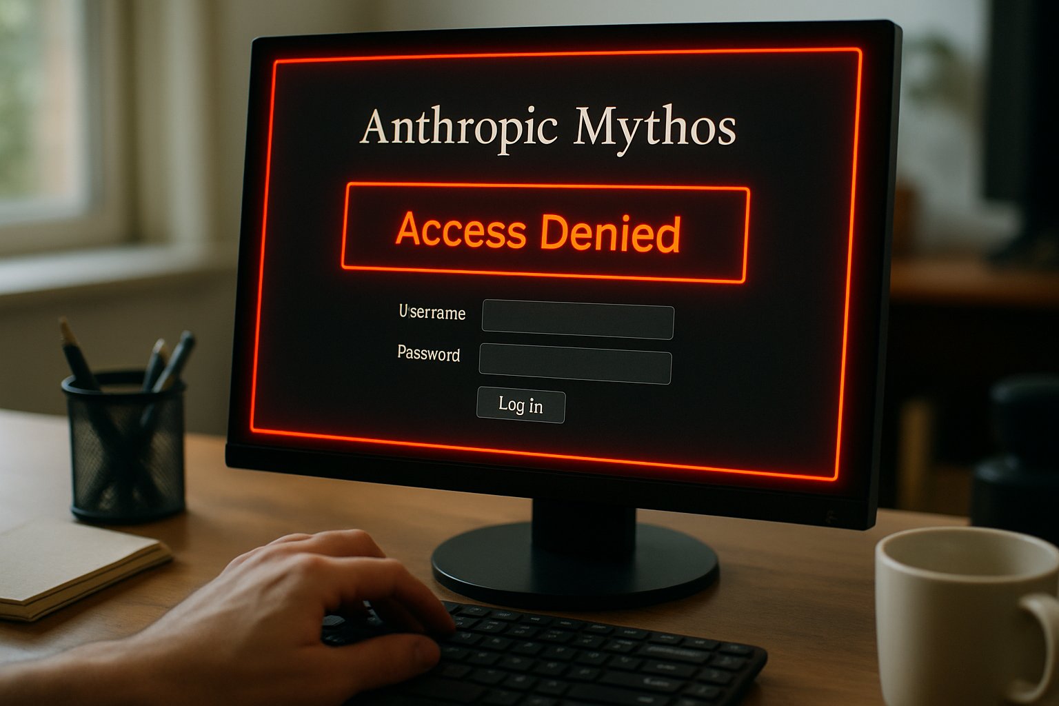 Anthropic Mythos login screen with access denied warning in realistic office.