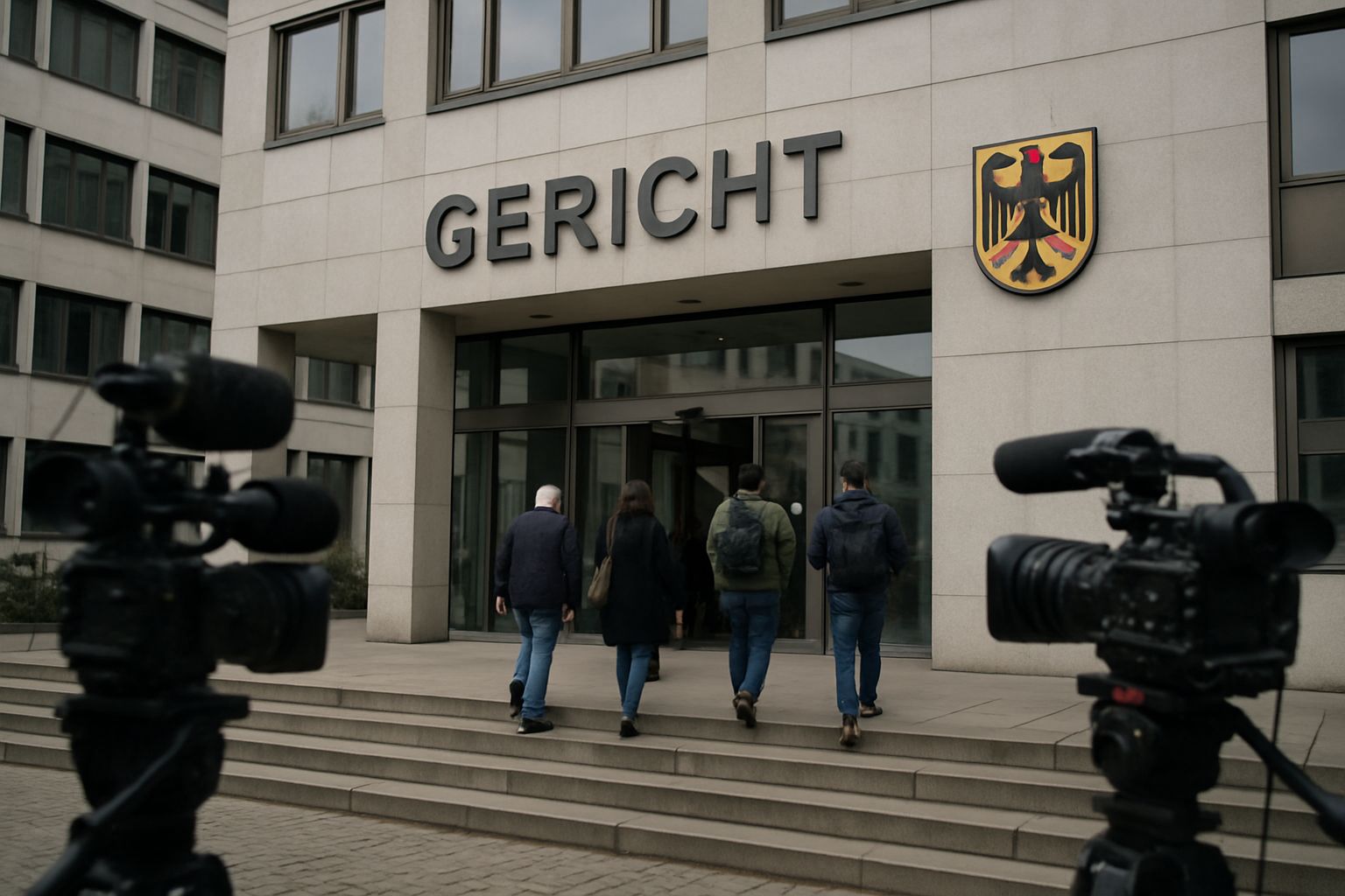 Modern German courthouse involved in OpenAI Plagiarism Lawsuit with people and media present.