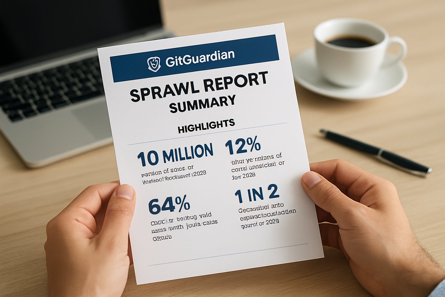 Hands holding printed GitGuardian Sprawl Report highlighting spike in AI credential leaks.