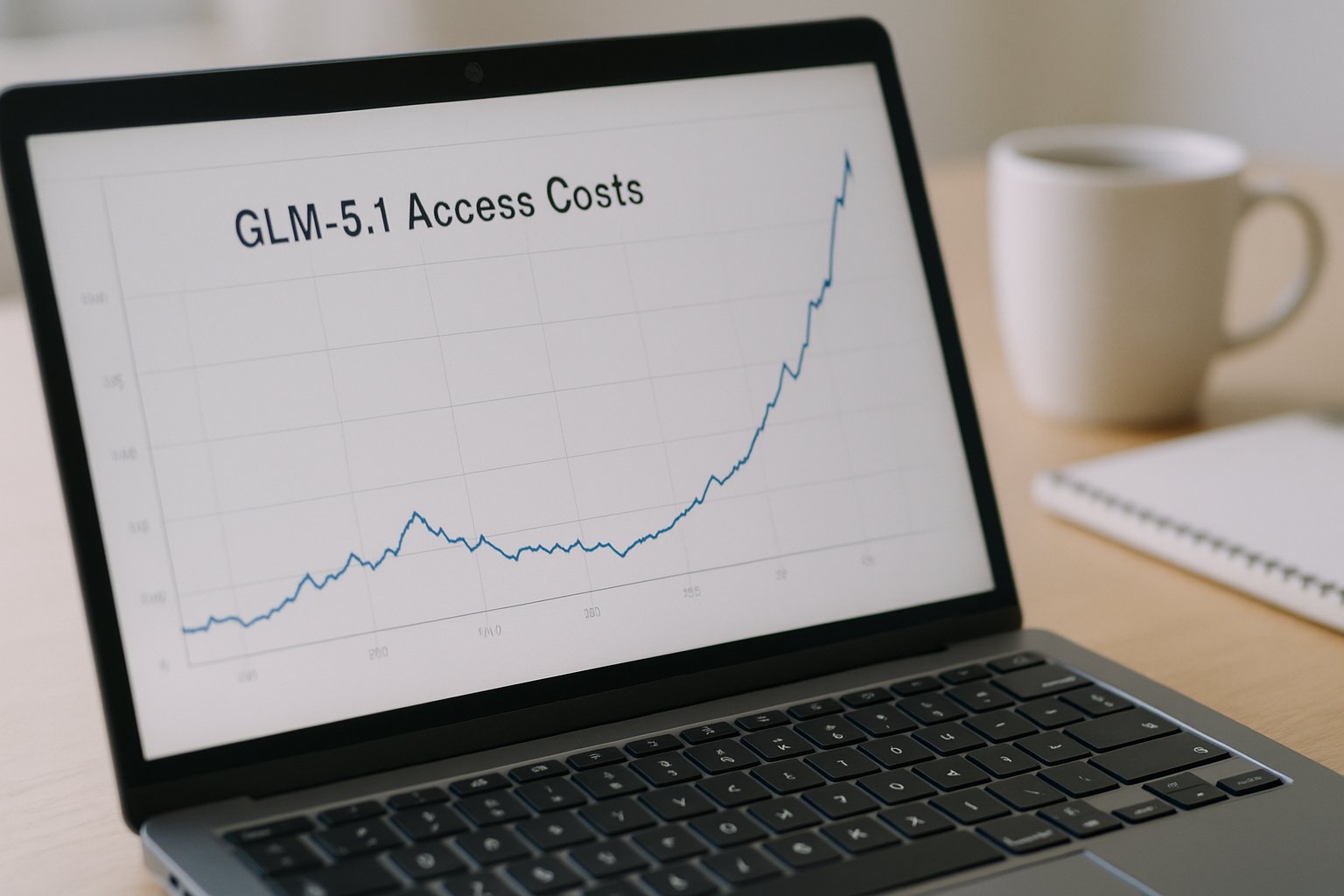 Laptop screen showing GLM-5.1 price hike graph and AI Market Economics theme.