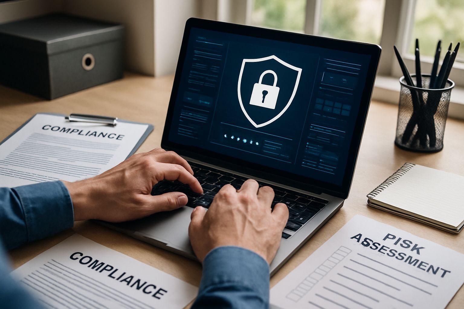 Risk assessment and compliance checklists for AI Model Governance on office desk.