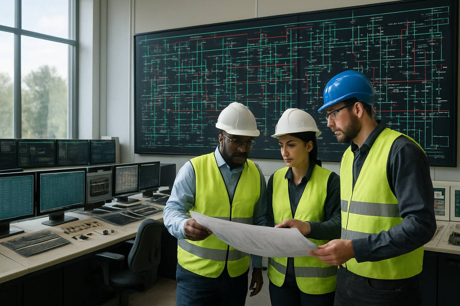 Engineers reviewing power grid infrastructure in a modern control room setting.