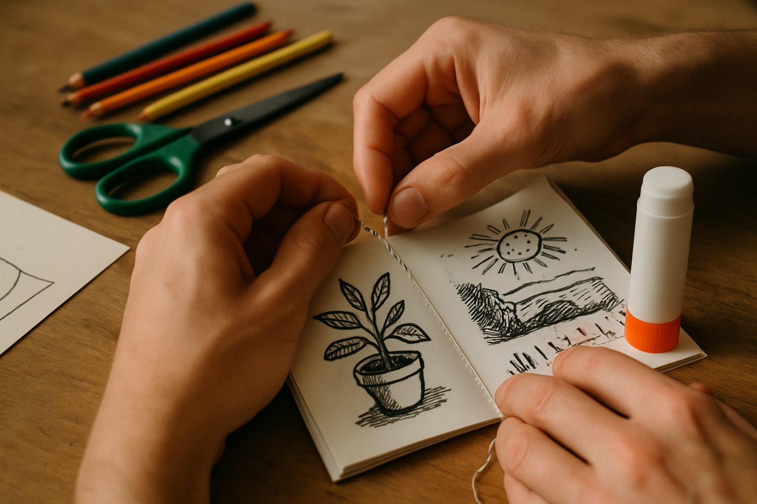 Hands creating Human Art zine with traditional tools and techniques.