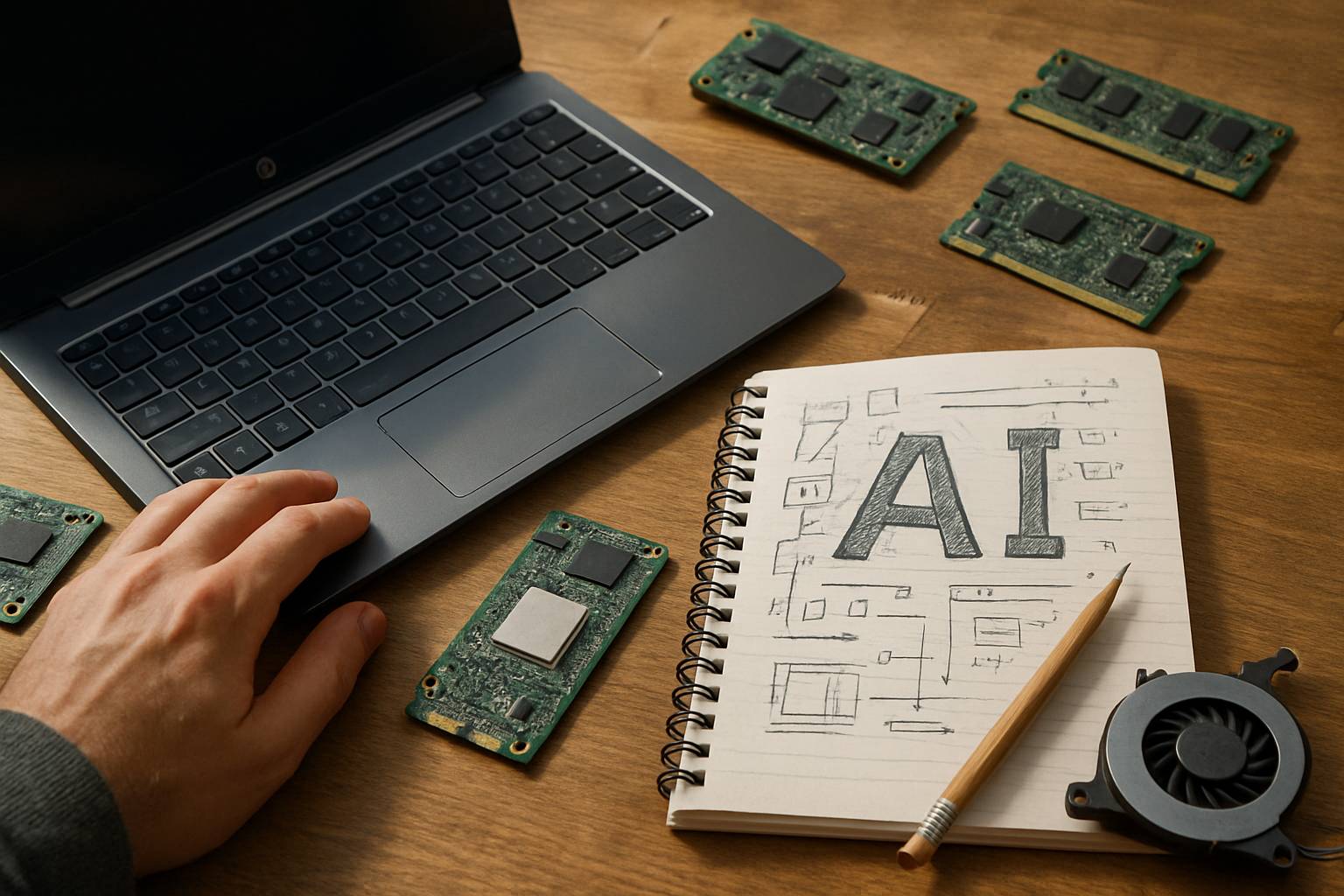 Close-up of HP laptop and components representing PC Hardware AI advancement.