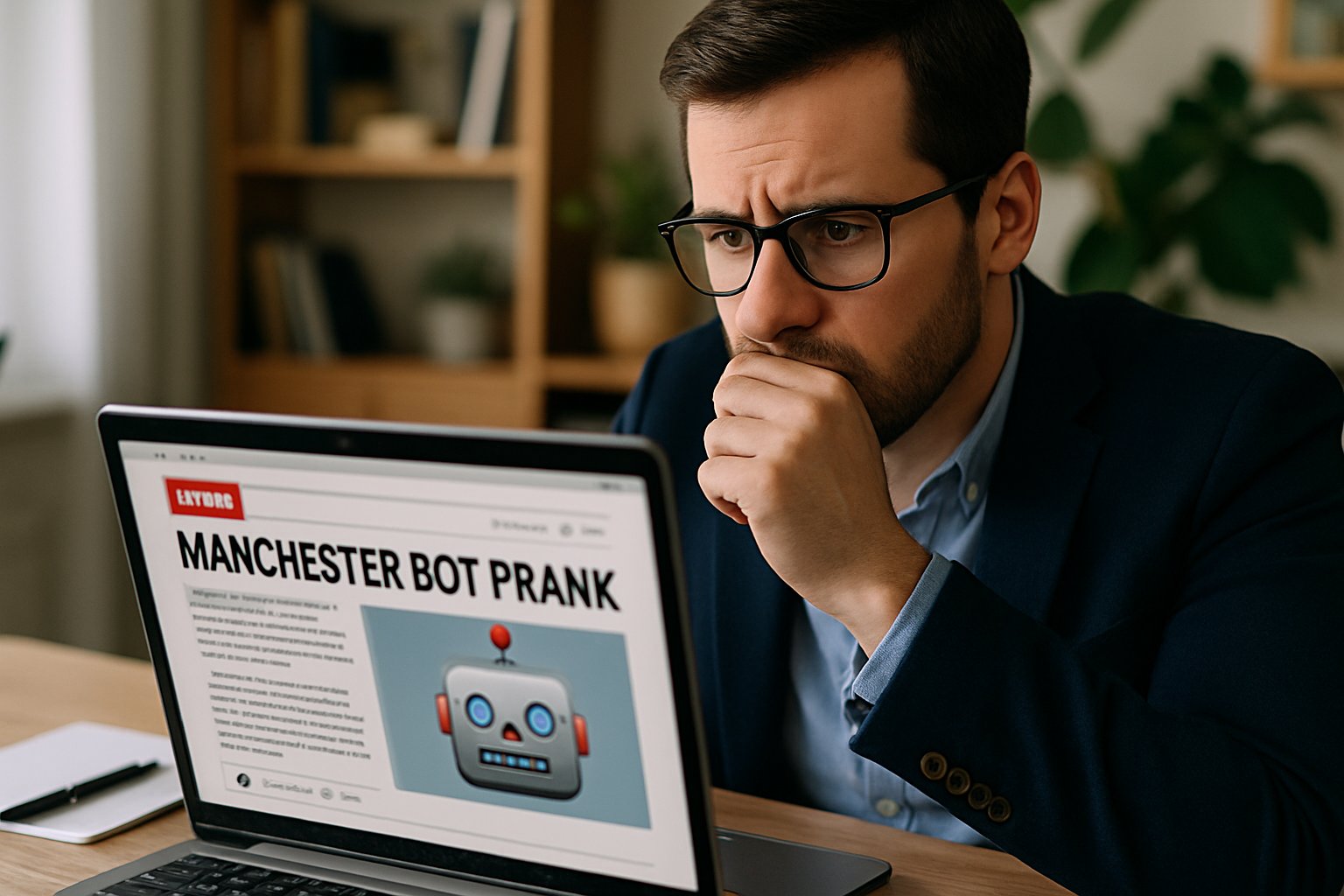 Person reading about Autonomous Social Failure after Manchester bot prank on laptop.