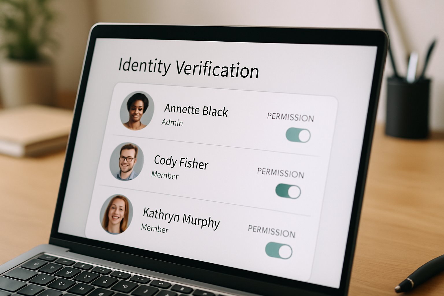 Computer screen showing AI Identity Security verification interface in an office.