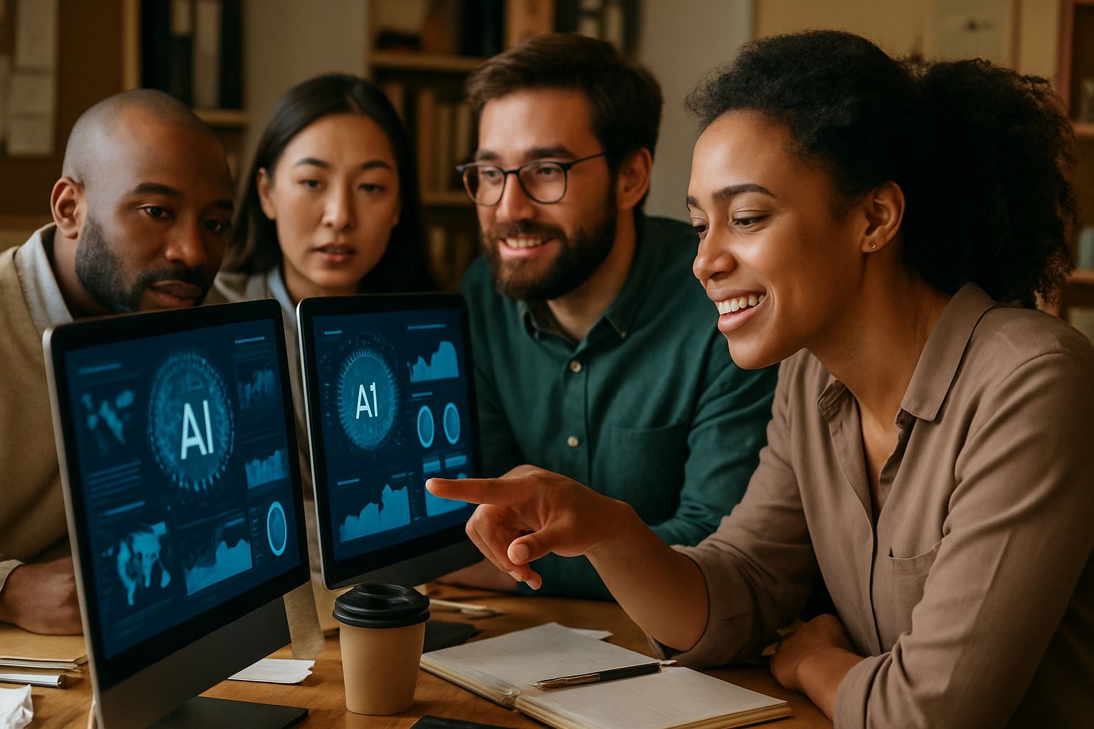Team implementing AI Strategy using digital dashboards and analytics