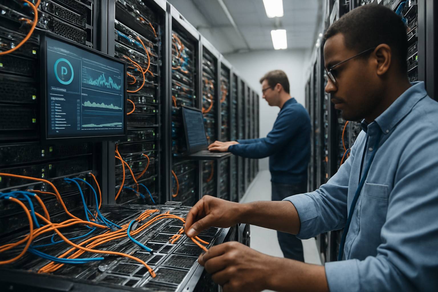 Technicians maintaining data center with advanced AI Data Infrastructure setups.