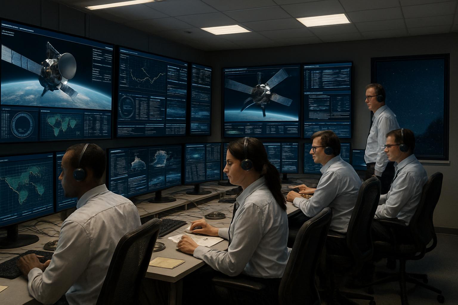 Orbital Computing control room with engineers overseeing expansive satellite network