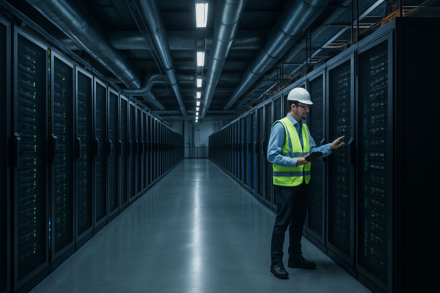 Hyperscale Energy data center interior with server racks and technician at work.