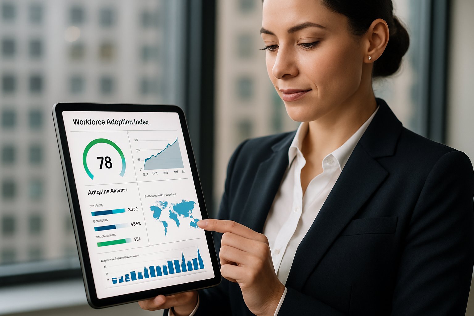 Businesswoman reviewing Workforce Adoption Index dashboard on digital tablet.