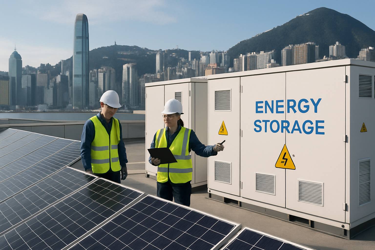 Technicians examine Energy Technology storage units in Hong Kong