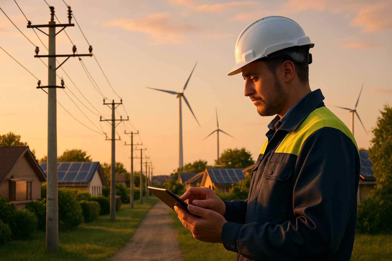 Technician inspects Smart Grid infrastructure with tablet at suburban power lines.