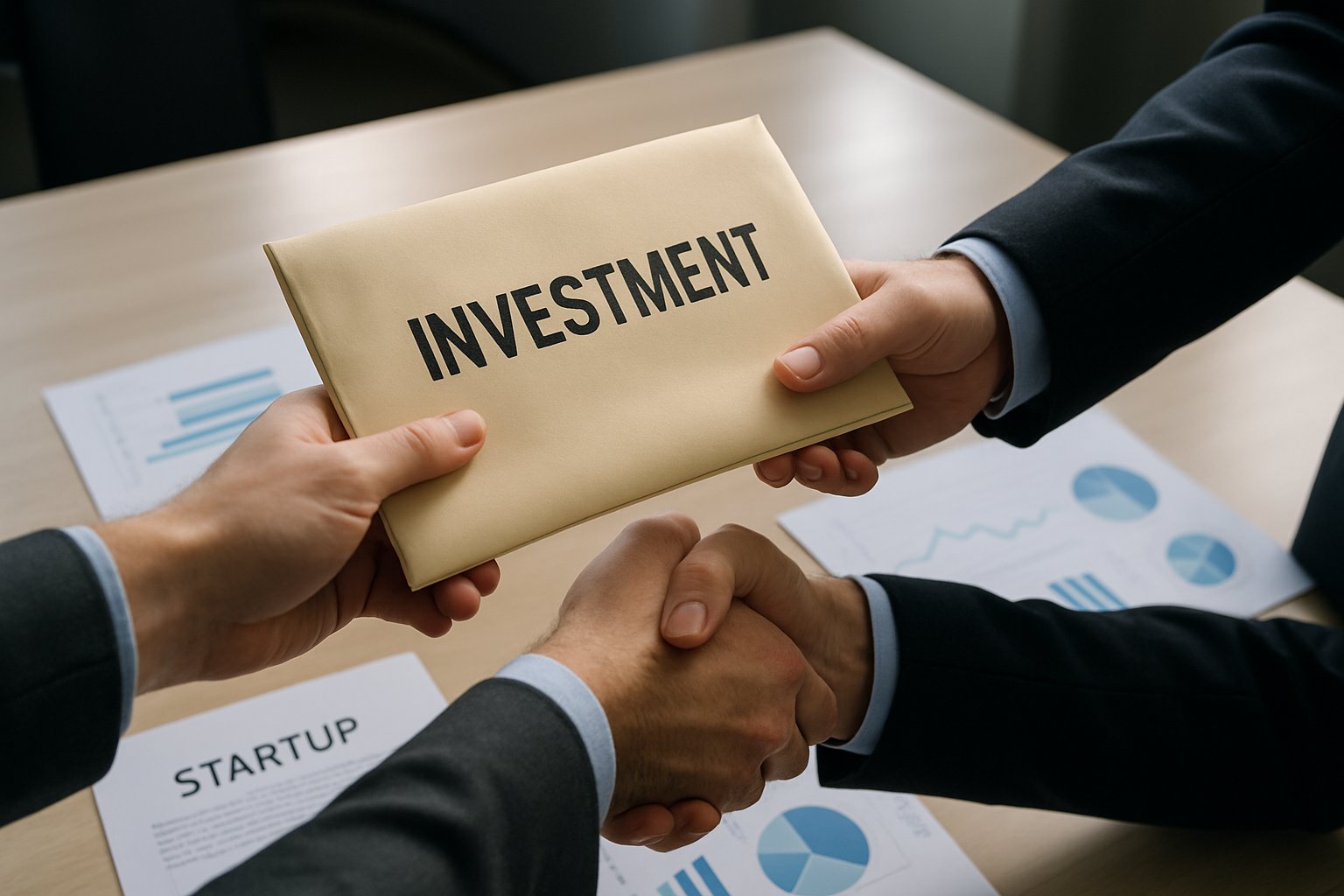 Investment handshake illustrating AI Startup Funding agreement moment.