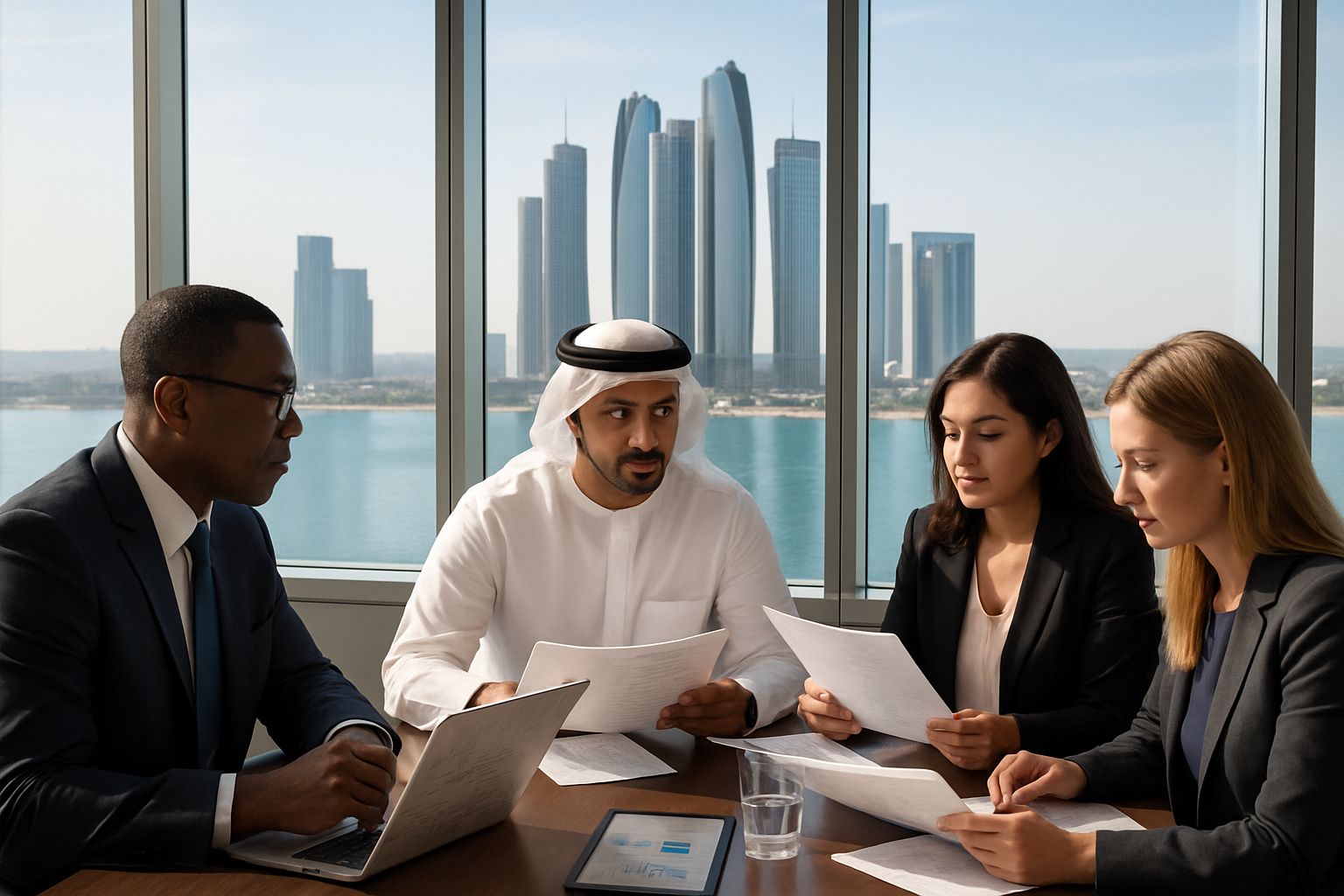 Sovereign Wealth investment executives strategize in an Abu Dhabi office.