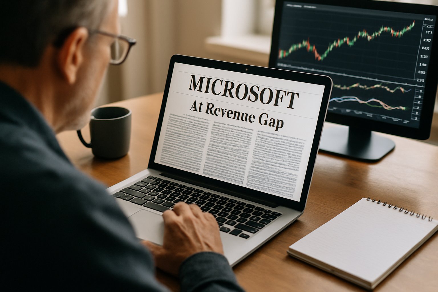 Investor reading Microsoft AI Revenue Gap news article on laptop