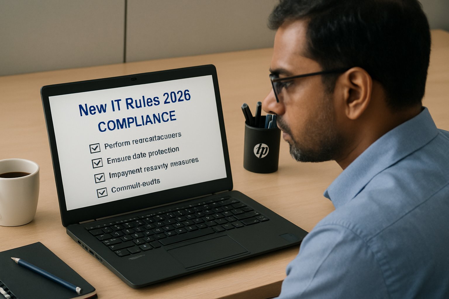 Indian IT professional reviews New IT Rules 2026 compliance checklist on laptop.