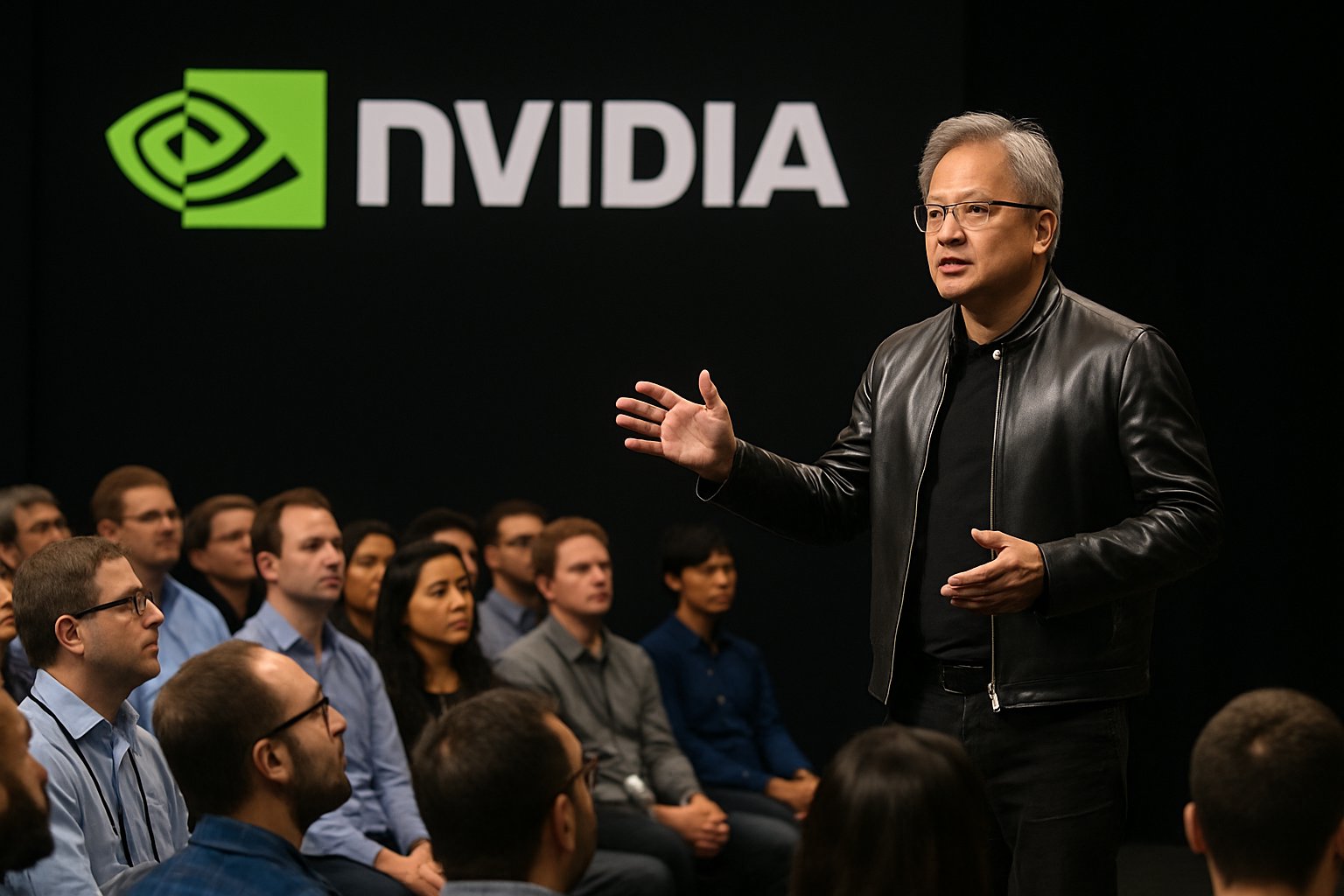 Jensen Huang discusses AI Frame Generation at Nvidia event.