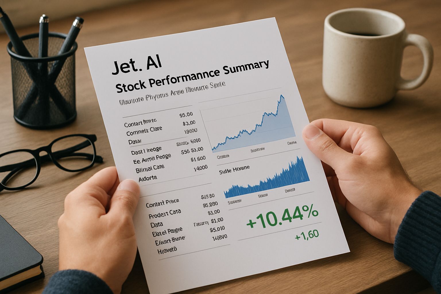 Printed report highlighting AI Financials after Jet.AI reverse split.