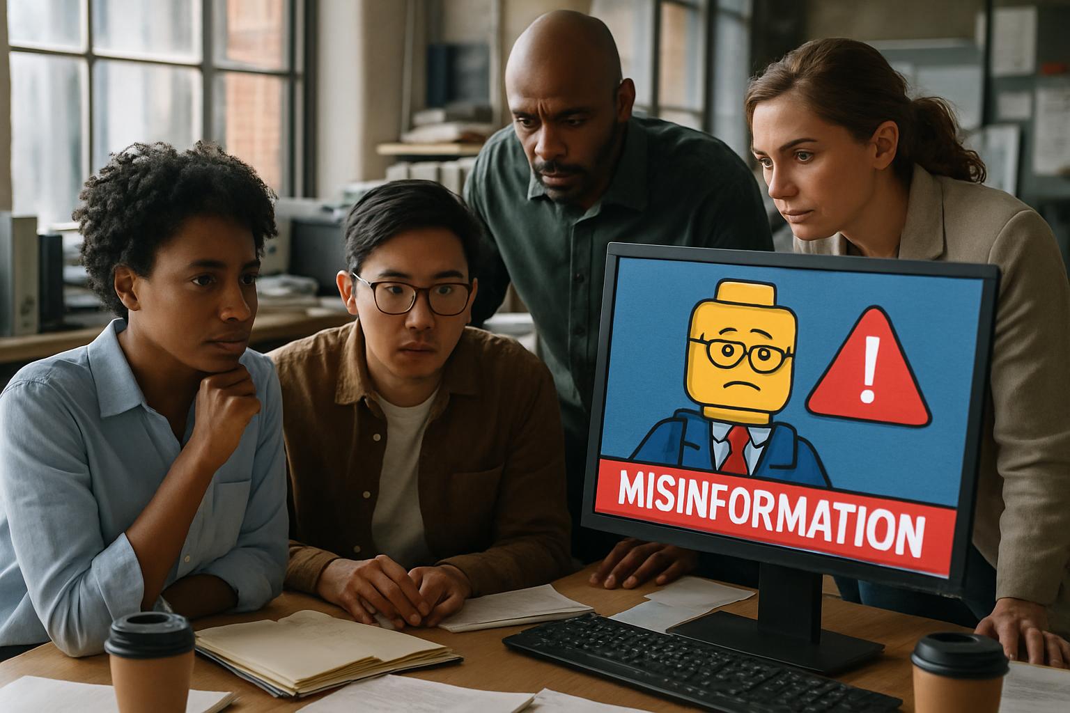 Newsroom analyzing Disinformation AI LEGO cartoon campaign