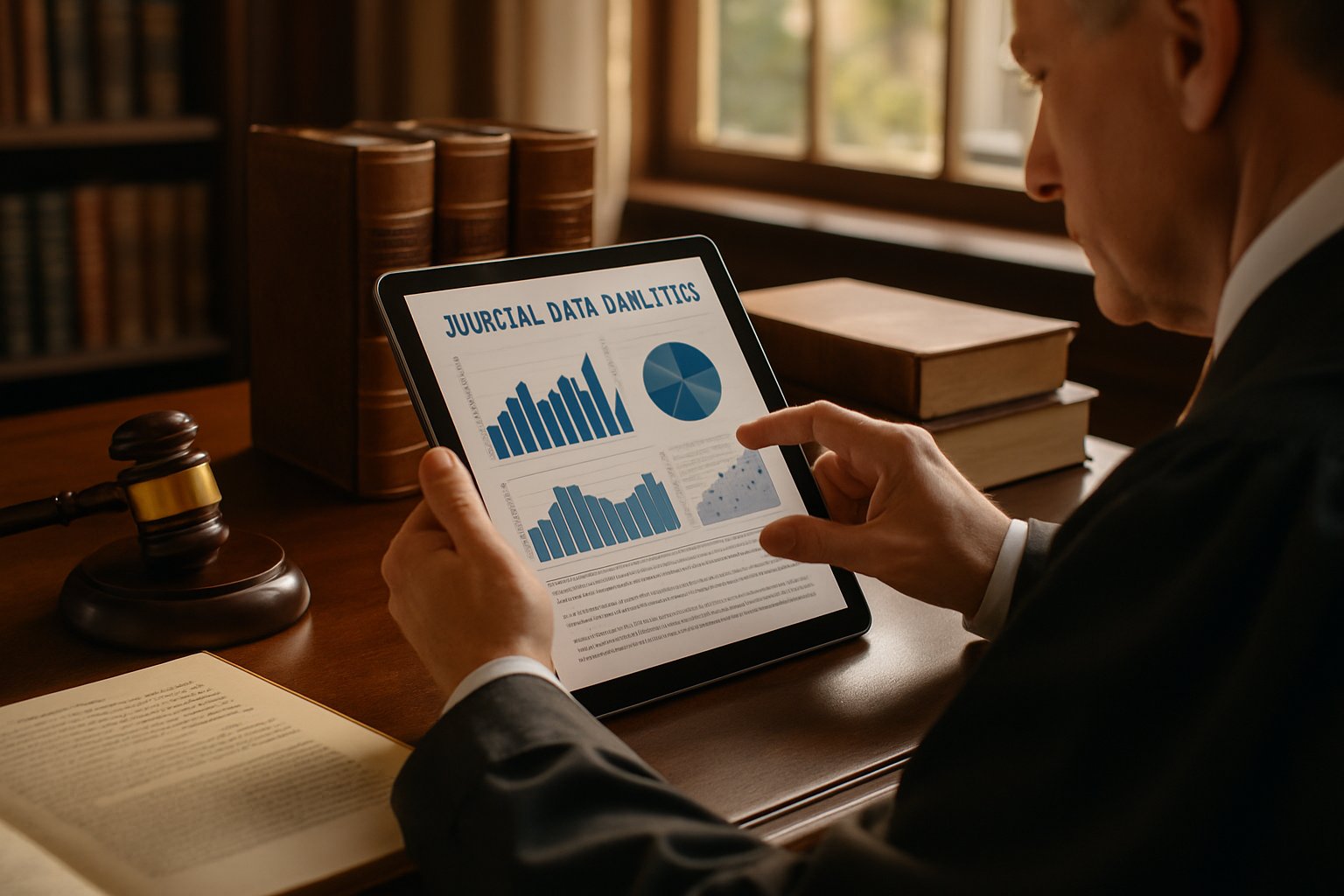 Judge analyzing data analytics on tablet with Judicial Tech tools and books.
