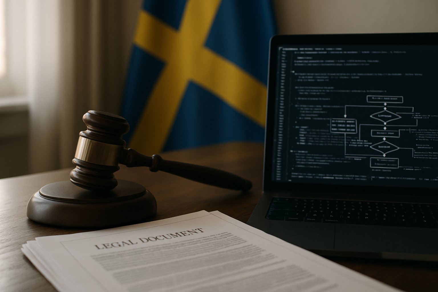 Judge’s desk with AI Ethics Lawsuit documents and computer