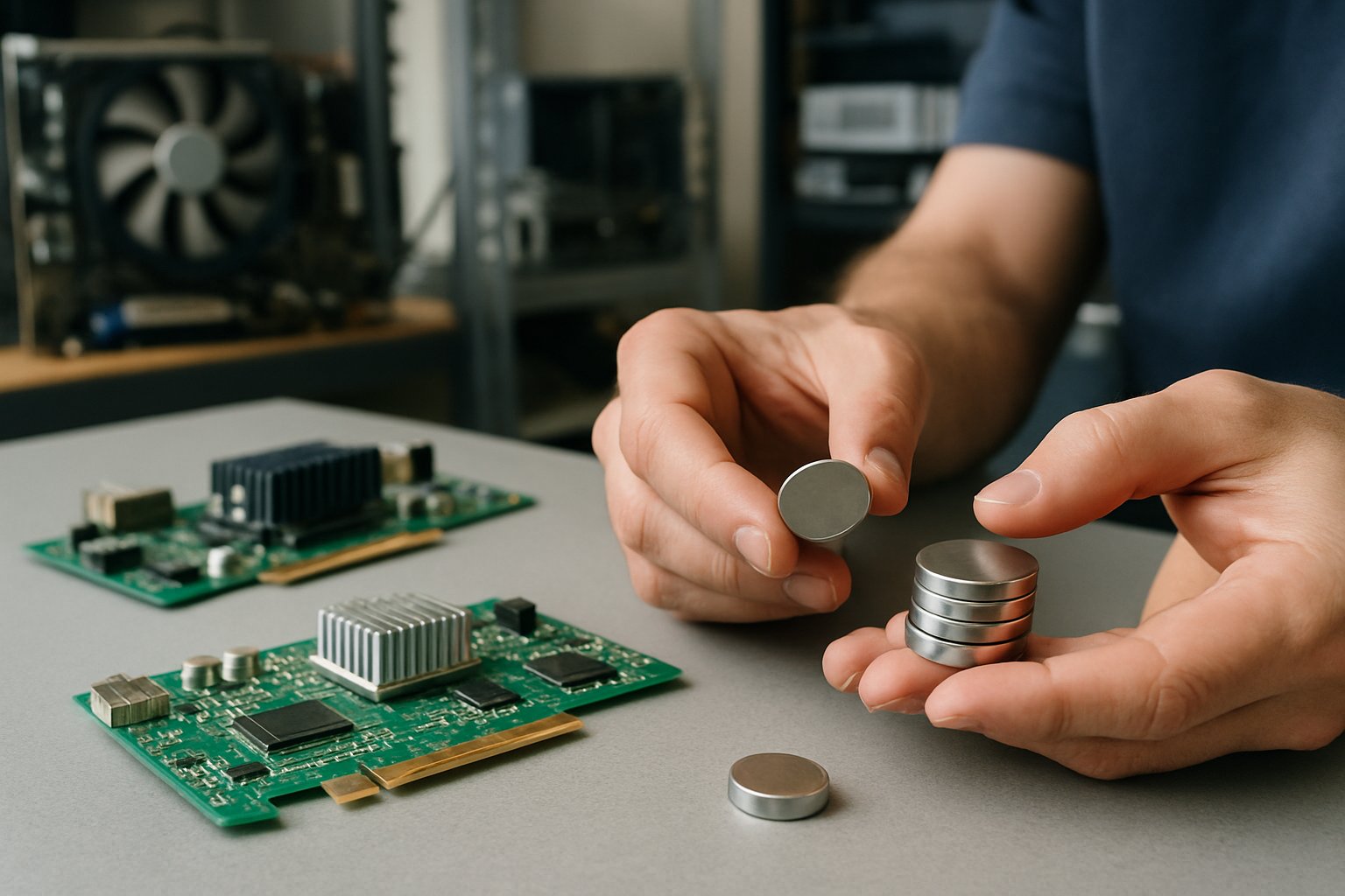 Technician inspecting AI Hardware Resource rare earth magnets and circuit boards in a lab.