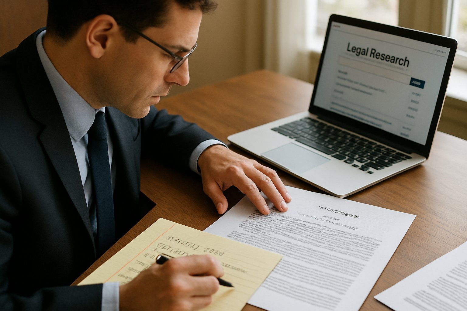 Lawyer reviews documents for AI Legal Ethics compliance.