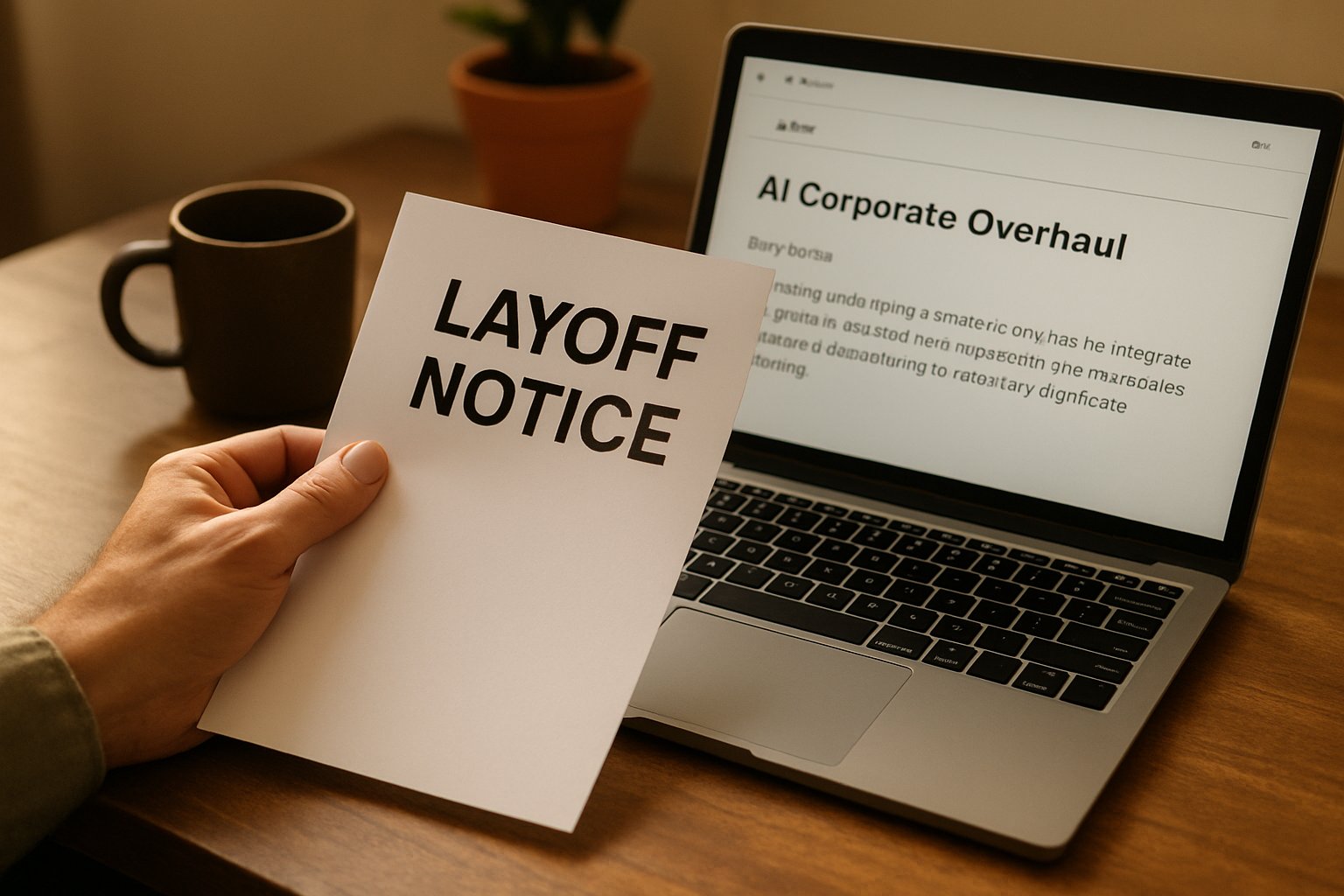 Layoff notice and email referencing AI Corporate Overhaul on office desk.