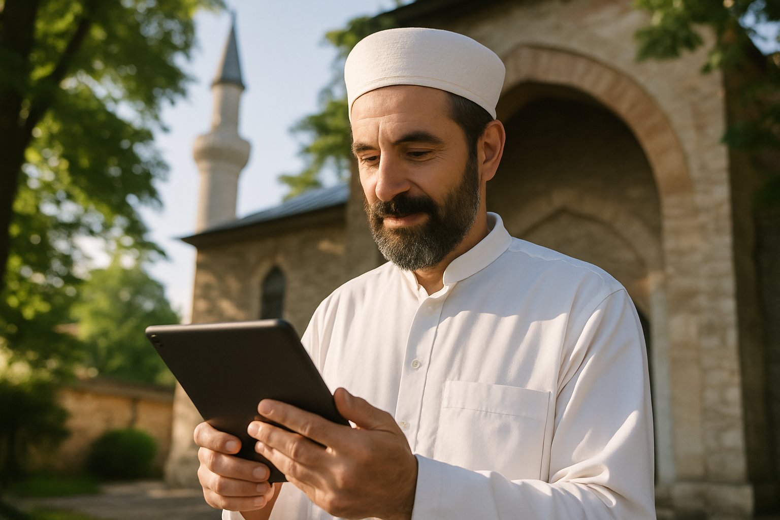 Faith leader using Religious Tech outside a place of worship.