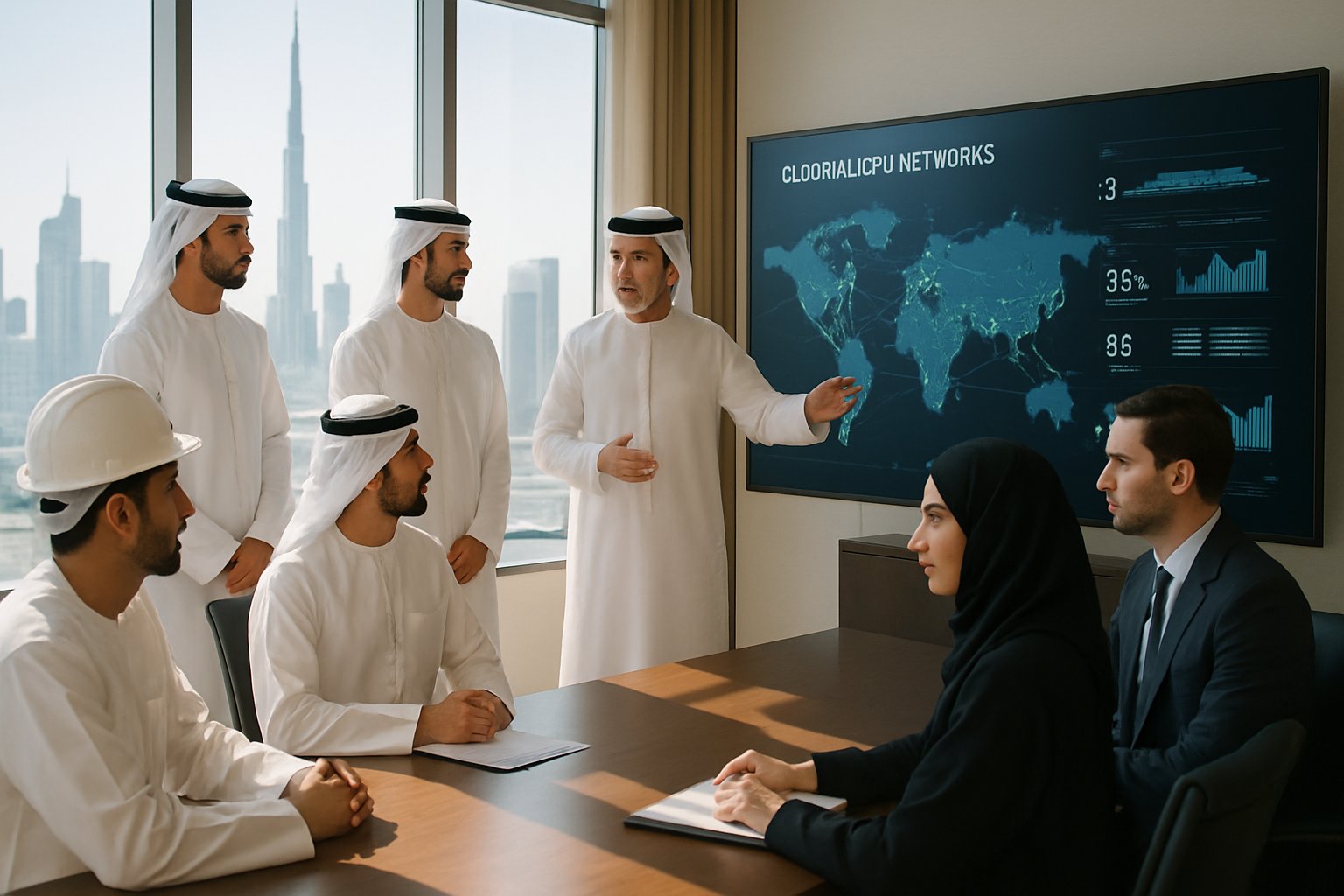Emirati leaders collaborate on Sovereign AI strategy with global GPU network displayed.