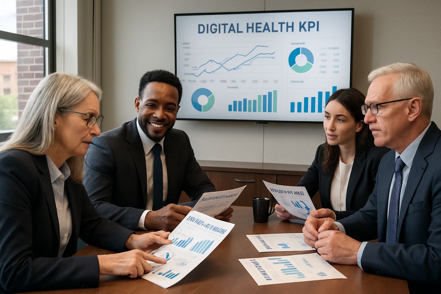 Healthcare leaders discuss Digital Health KPI reports in a real office meeting