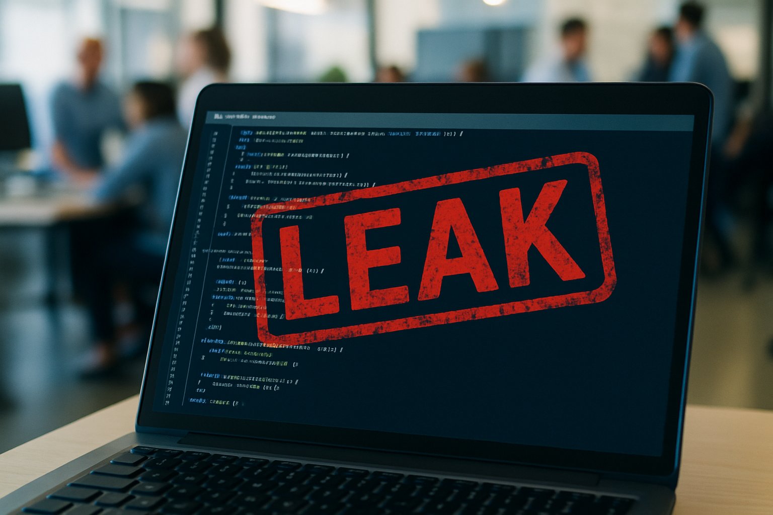 Laptop displaying Anthropic Source Leak code with visible 'LEAK' warning overlay.